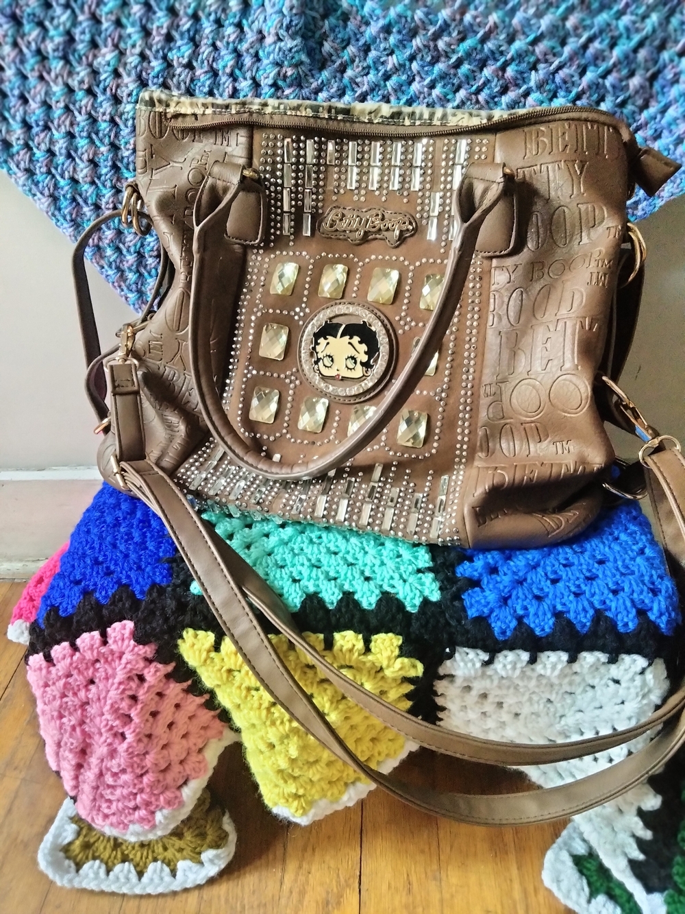 Betty Boop Brown Embellished Tote Bag